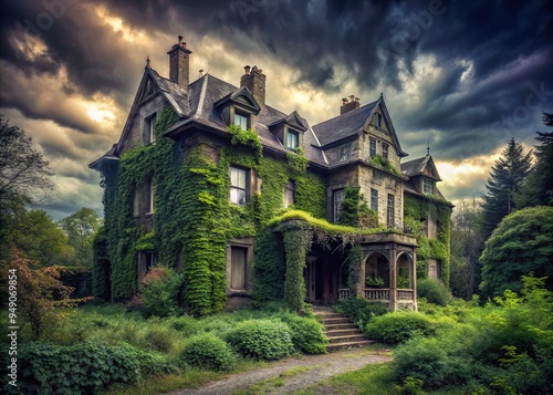 gloomy abandoned mansions with overgrown gardens and eerie atmosphere