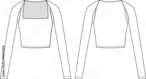 square neck long sleeve low cut cutout cropped crop louse top template technical drawing flat sketch cad mockup fashion woman design style model
