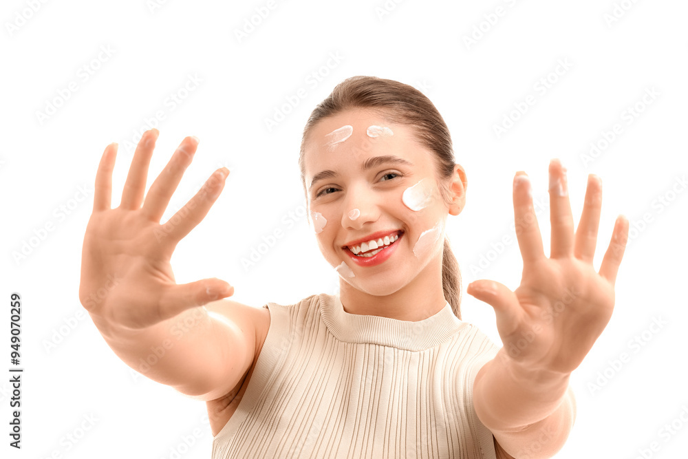 Young woman applying facial cream on white background, closeup Young woman applying facial cream on white background, closeup