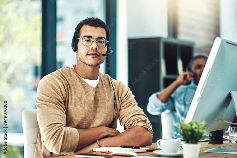 Portrait, business and man at desk, call center and telemarketing with helpline, crm and advice. Face, people and employees with headset, customer service or contact us for insurance agency in office Portrait, business and man at desk, call center and telemarketing with helpline, crm and advice. Face, people and employees with headset, customer service or contact us for insurance agency in office