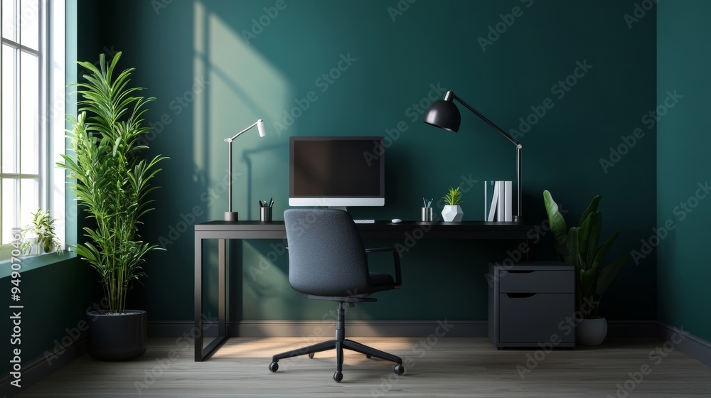 A black desk with a chair and a computer monitor