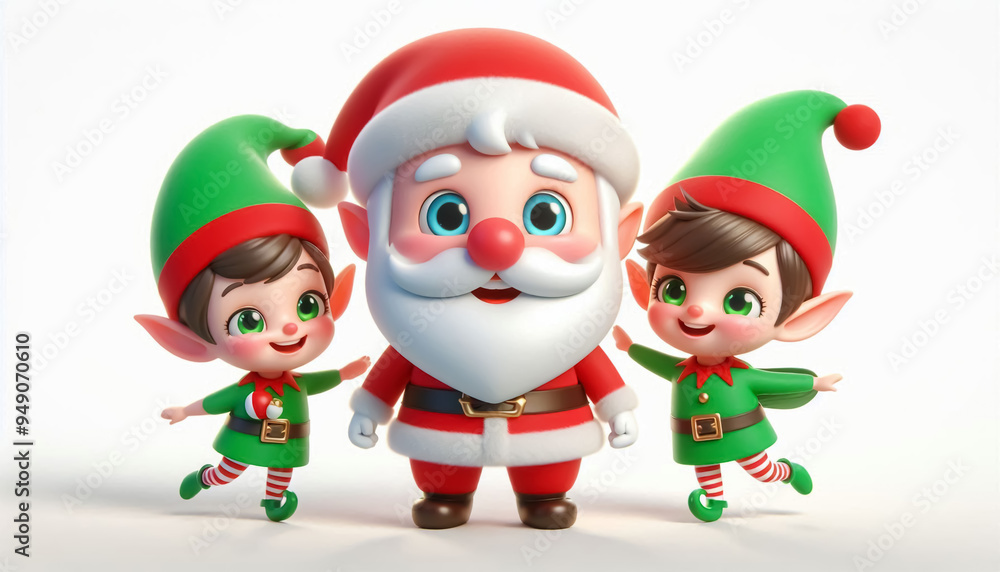 Funny Christmas cartoon of cute elf with santa claus on white background Funny Christmas cartoon of cute elf with santa claus on white background