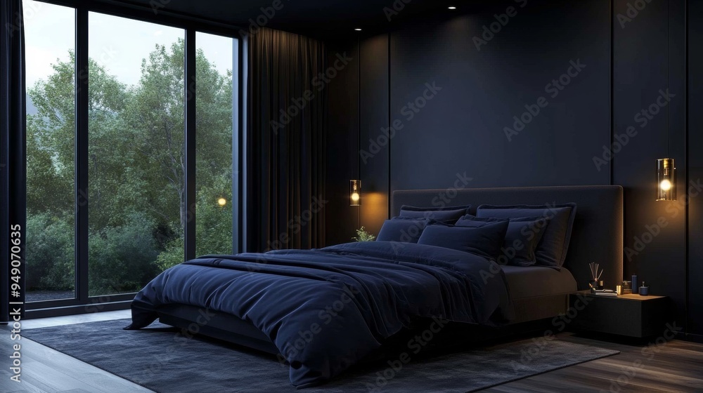 A bedroom with a large bed and a nightstand A bedroom with a large bed and a nightstand