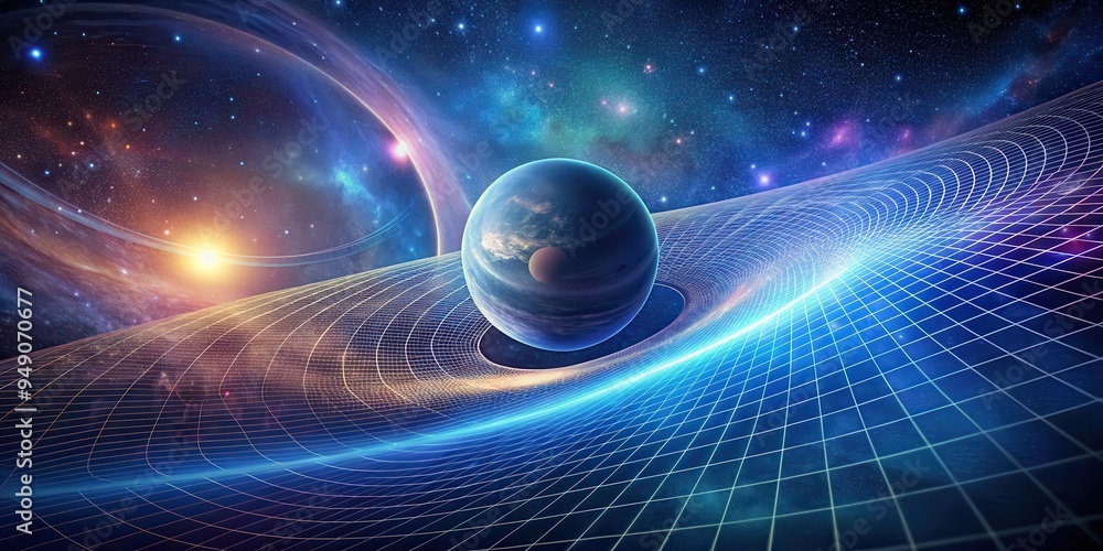 A cosmic scene with a planet surrounded by a curved grid of spacetime lines, space, planet A cosmic scene with a planet surrounded by a curved grid of spacetime lines, space, planet