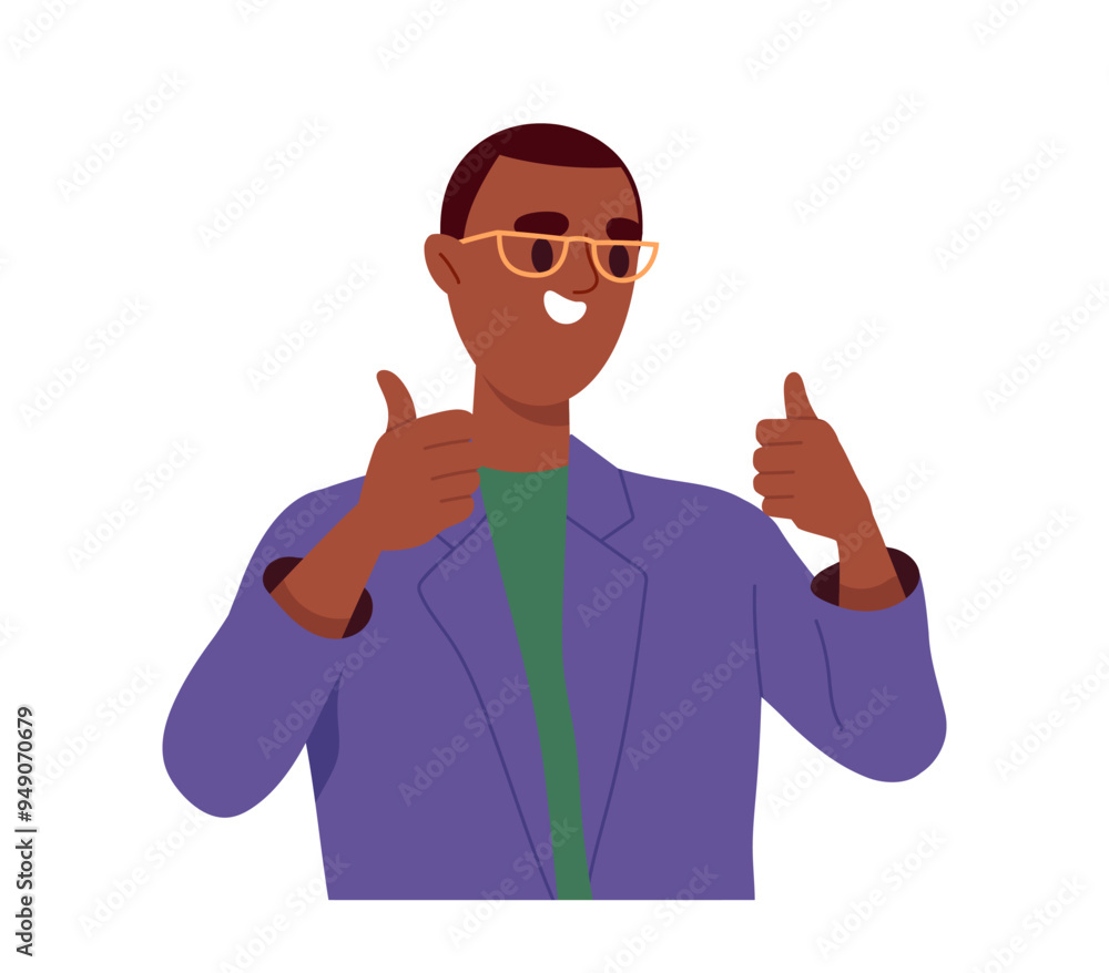Person shows hand gesture. Man with facial expression and emotions. Guy show thumbs up. Communication and interaction. Sticker for social networks. Flat vector illustration isolated on background Person shows hand gesture. Man with facial expression and emotions. Guy show thumbs up. Communication and interaction. Sticker for social networks. Flat vector illustration isolated on background