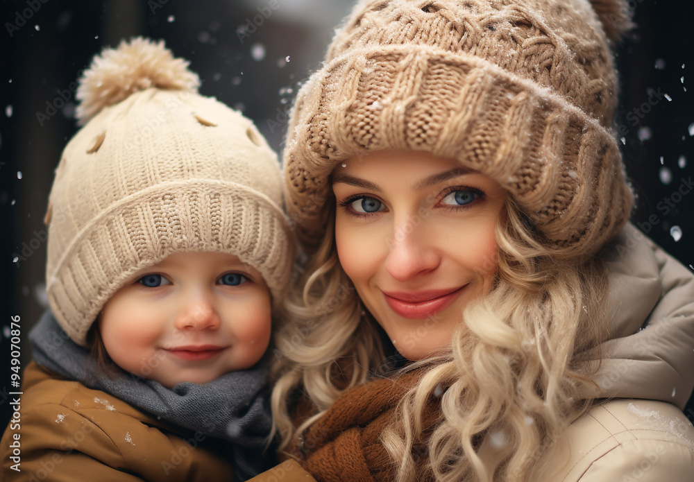 Child on mother's lap dressed in warm clothes in a woolen hat and scarf, on the street with falling snow. Winter time Child on mother's lap dressed in warm clothes in a woolen hat and scarf, on the street with falling snow. Winter time