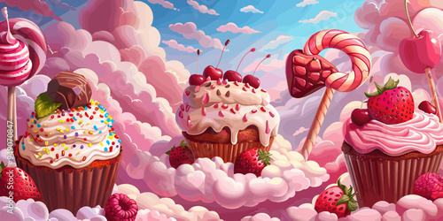 Candy land background, cute fantasy world. Vector cartoon illustration.