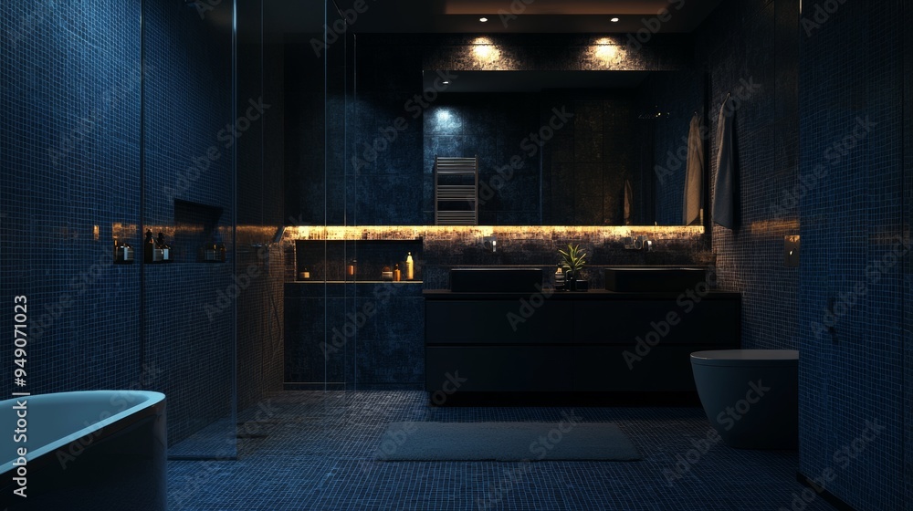 A bathroom with a large mirror and a bathtub A bathroom with a large mirror and a bathtub