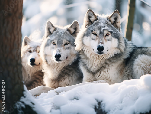 Polar wolves resting and posing in snowy landscape. Winter time