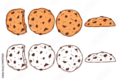 Oat cookie, bitten, whole vector coloring page for coloring book. Bake sweet dessert product for breakfast or lunch, hand drawn sketch