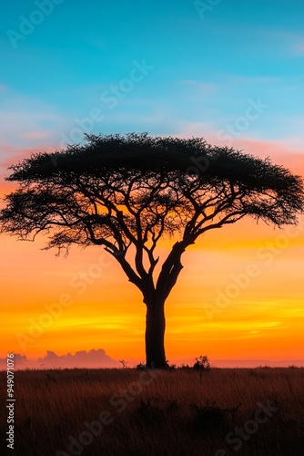 Majestic Silhouette of Acacia Tree Against Vibrant Sunset Sky