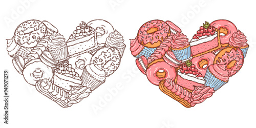 Macaron,  cheesecake, cupcake and donut with pink glaze icing dessert vector coloring page for coloring book. Bake sweet dessert heart shape