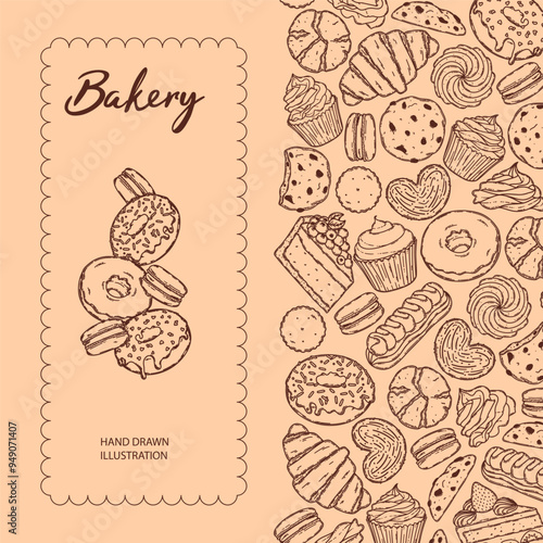 Vector backery and confectionery template. Hand drawn donuts, cupcakes, macarons, croissant cookies and other sweets