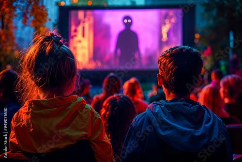 Kids watching a Halloween horror film, outdoor projection screen movie party photo