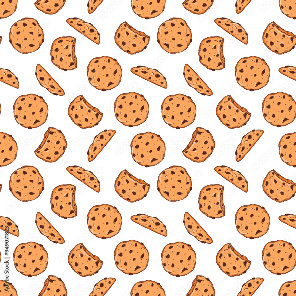 Vector bakery and confectionery seamless pattern template. Hand drawn oat cookies with chocolate chip Vector bakery and confectionery seamless pattern template. Hand drawn oat cookies with chocolate chip