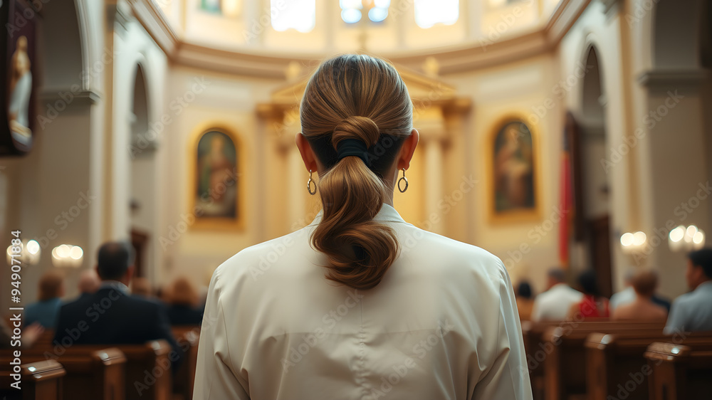 Back view of woman in catholic church. Generative AI Back view of woman in catholic church. Generative AI