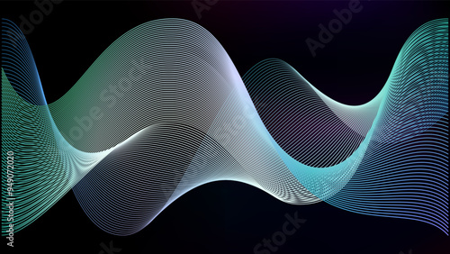 Green neon spiral mesh for data transition effect. Purple line transparent waves fade and connect light pattern technology. Music sound blurred flow at night sky spectrum
