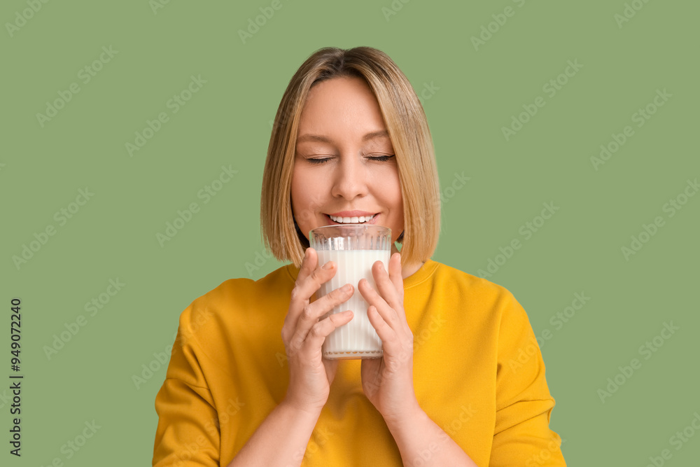 Beautiful young woman with glass of fresh milk on green background Beautiful young woman with glass of fresh milk on green background