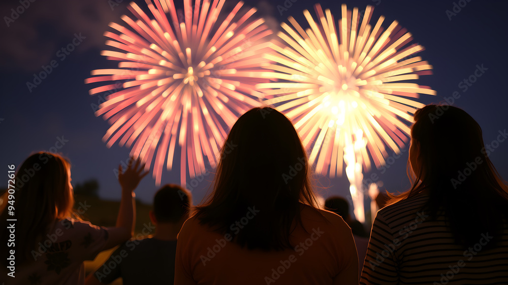 Back view of young people celebrating with beautiful fireworks in night sky. Generative AI Back view of young people celebrating with beautiful fireworks in night sky. Generative AI