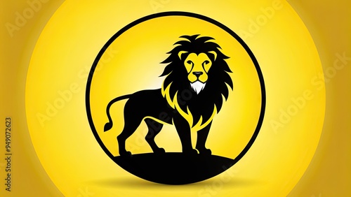 Stylized vector icon of a majestic lion's silhouette in bold black outline, set against a bright yellow circle, symbolizing courage and strength. photo