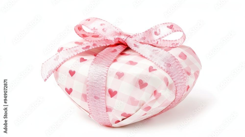 This gift features a heart-shaped design with pink heart patterns and is tied with a delicate ribbon, perfect for Valentine's Day celebrations This gift features a heart-shaped design with pink heart patterns and is tied with a delicate ribbon, perfect for Valentine's Day celebrations