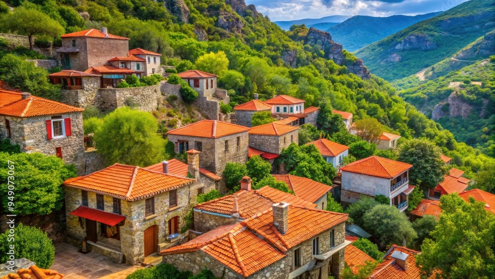 traditional stone houses with red-tiled roofs amidst lush greenery, overlooking a tranquil valley in Karacasu, Aegean Region, Turkey. traditional stone houses with red-tiled roofs amidst lush greenery, overlooking a tranquil valley in Karacasu, Aegean Region, Turkey.