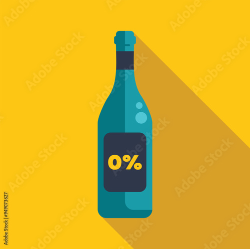 Blue bottle of non alcoholic sparkling wine with zero percent sign on label standing on yellow background