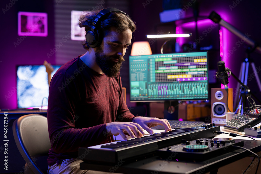 Musician playing electronic keyboard piano in his home studio, using daw software on pc and his mixing console to produce tracks. Young artist plays midi controller synthesizer, music industry. Musician playing electronic keyboard piano in his home studio, using daw software on pc and his mixing console to produce tracks. Young artist plays midi controller synthesizer, music industry.