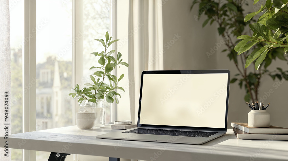 Laptop in a modern desktop with window Laptop in a modern desktop with window