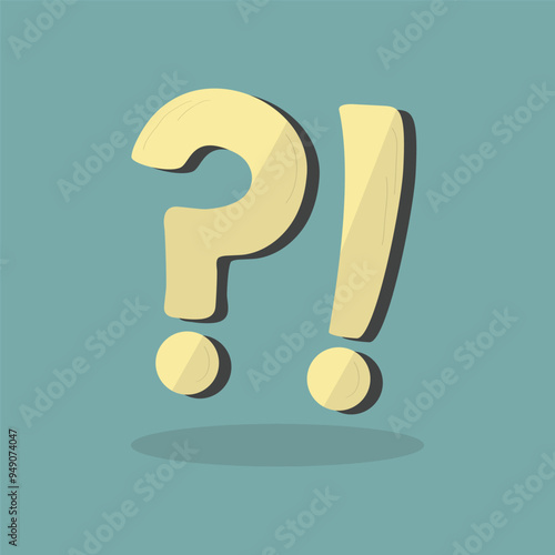Cute cartoon thick style yellow question mark and exclamation mark signs with drop shadow on trendy teal background poster