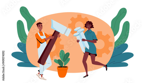 People repair concept. Man and woman with nails and hammer. Guy ad girl fix problems. Builders with renovation in apartment and home. Flat vector illustration isolated on white background