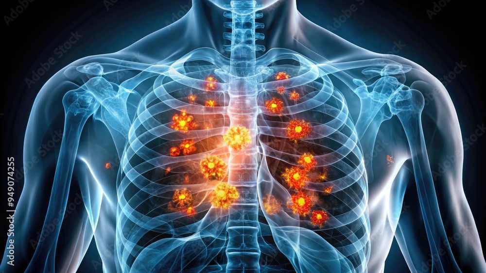 High-resolution X-ray image of a patient's lungs showing scarring and inflammation, characteristic of pulmonary fibrosis, with highlighted areas of fibrotic tissue and nodules. High-resolution X-ray image of a patient's lungs showing scarring and inflammation, characteristic of pulmonary fibrosis, with highlighted areas of fibrotic tissue and nodules.