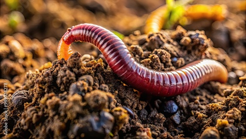 Vibrant, close-up image of a plump, wriggling earthworm amidst damp soil, surrounded by decaying organic matter, beneath a warm, diffused natural light.