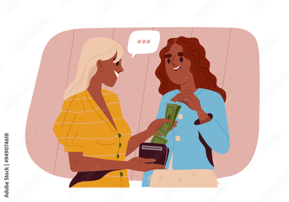 Give money to person. Woman give cash to seller. Financial deal and agreements. Buyer and client give banknotes. Poster or banner. Flat vector illustration isolated on white background Give money to person. Woman give cash to seller. Financial deal and agreements. Buyer and client give banknotes. Poster or banner. Flat vector illustration isolated on white background