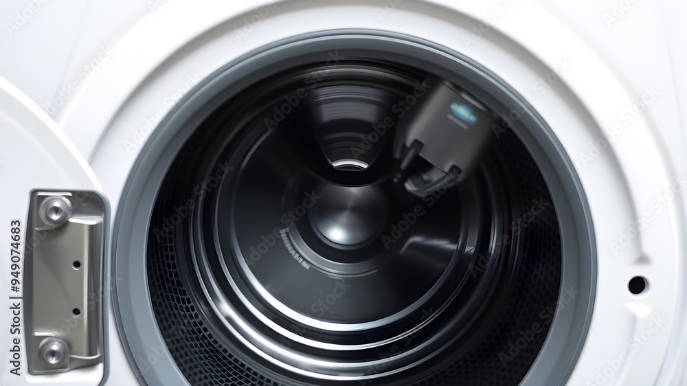 Close up of door of empty white washing machine. Generative AI Close up of door of empty white washing machine. Generative AI