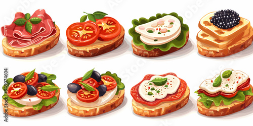 Sandwiches with tomatoes, mozzarella and black olives. Vector illustration.