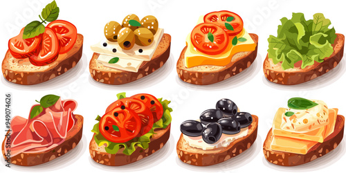Illustration of a set of different sandwiches with cheese, olives and tomato