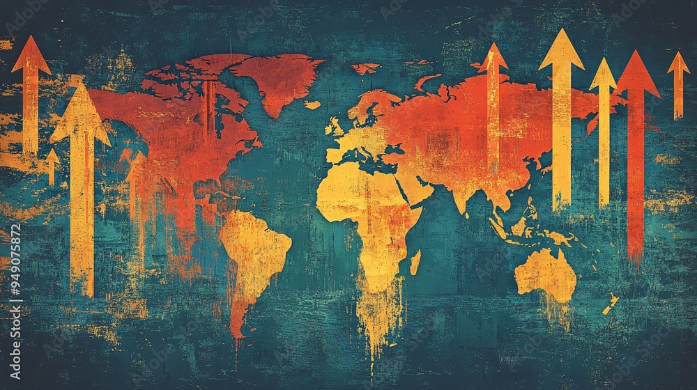 Naklejka premium Global Expansion and Outreach - World Map with Arrows Illustration for Business Growth Concepts with Copy Space