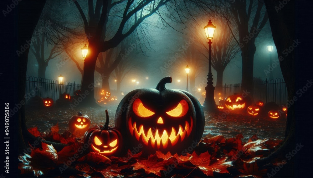 Halloween pumpkin and candles in a dark, foggy cemetery at night. Halloween background with halloween lanterns and a scary jack o'lantern Halloween pumpkin and candles in a dark, foggy cemetery at night. Halloween background with halloween lanterns and a scary jack o'lantern
