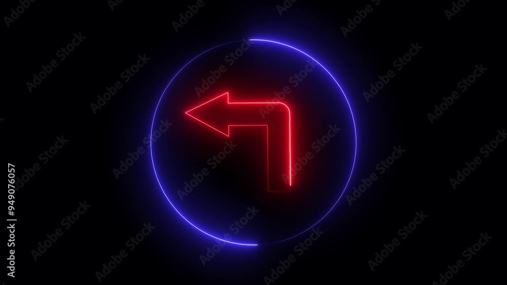 Left arrow globe neon icon on black background. Night bright advertising. Up left arrow icon animation on black background, arrow sign directional. Left arrow globe neon icon on black background. Night bright advertising. Up left arrow icon animation on black background, arrow sign directional.