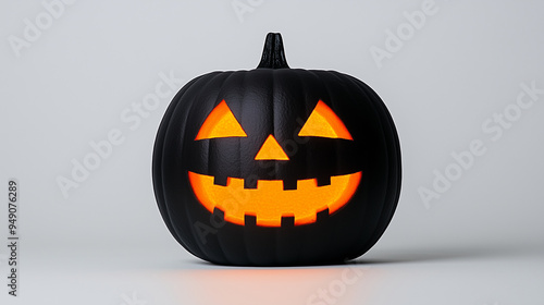 Spooky black pumpkin with glowing eyes and mouth on white background, perfect for halloween decorations, exuding a festive vibe with orange light. Sinister grin captures holiday essence photo