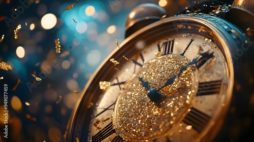 Close-up of a golden clock with confetti at midnight on New Year's Eve photo