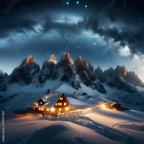 winter mountain landscape with a small house photo