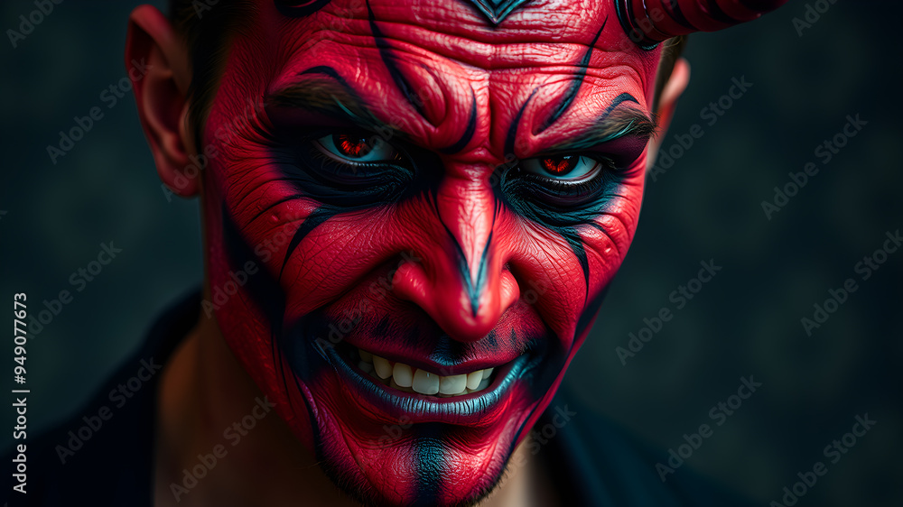 Close up of man with evil red devil Halloween makeup. Generative AI Close up of man with evil red devil Halloween makeup. Generative AI