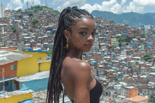 The smile of a teenage Brazilian girl with braids matches the sunny energy of the sprawling favela below her. photo