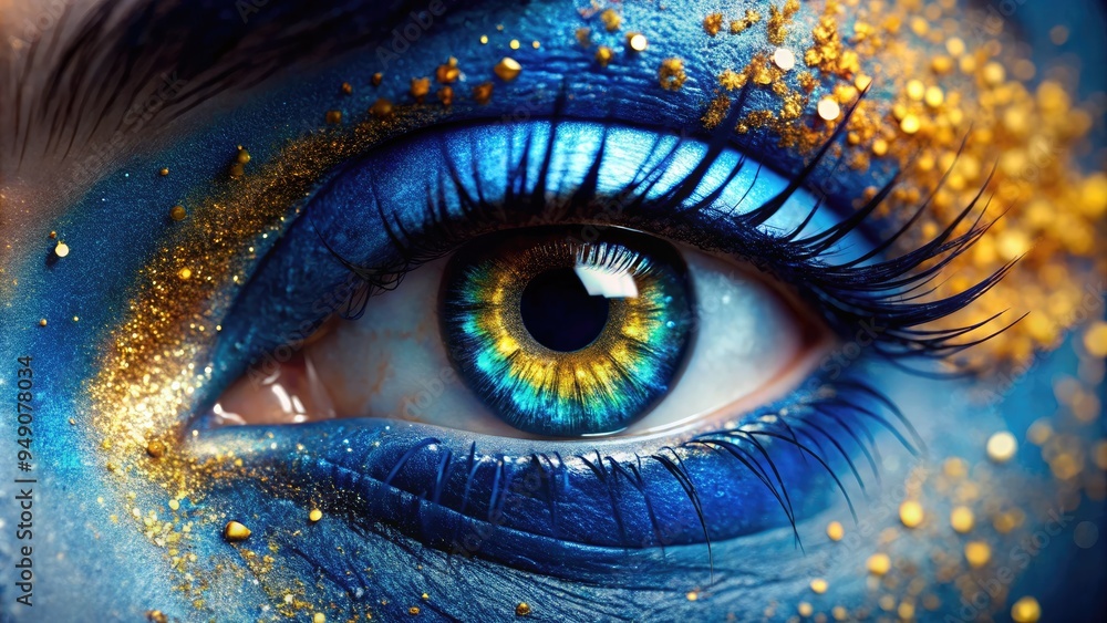 Vibrant, intense blue iris with golden flecks, defined eyelashes, and subtle texture, gazing directly into the camera with clarity and precision. Vibrant, intense blue iris with golden flecks, defined eyelashes, and subtle texture, gazing directly into the camera with clarity and precision.