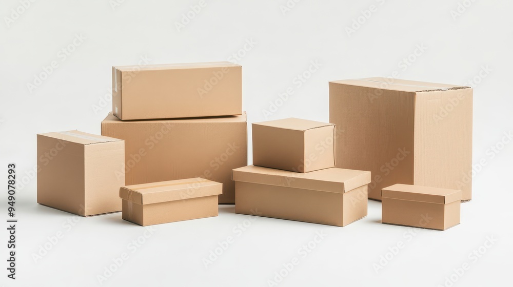 Several cardboard boxes of various sizes are organized neatly, suitable for storage or packaging items securely and efficiently Several cardboard boxes of various sizes are organized neatly, suitable for storage or packaging items securely and efficiently