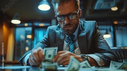 Photo of a businessman in a sleek modern office, intensely counting a substantial sum of money with a serious expression photo