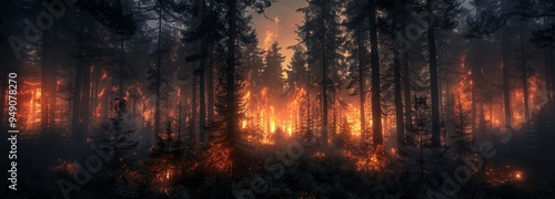 Wildfire burning through forest at night