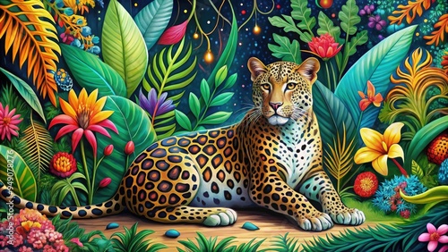 Vibrant, intricately patterned leopard sits regally amidst lush greenery, surrounded by swirling shapes and bold, abstract flowers in a whimsical, dreamlike jungle scene. photo